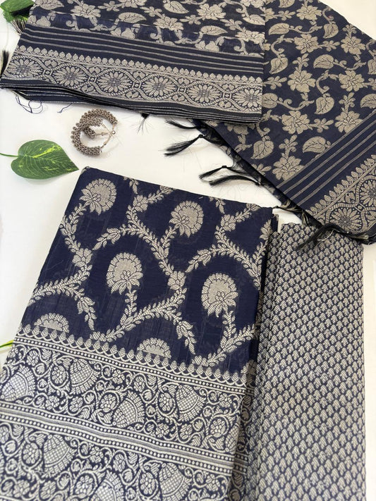 Banarasi Silk Blend Suit Material with zari embroidery |Navy blue|BNS04