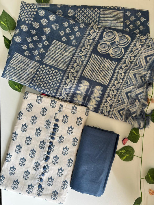 Block Printed Jute Cotton Salwar Suit Material with Semi Tussar Silk Dupatta|JCBP04